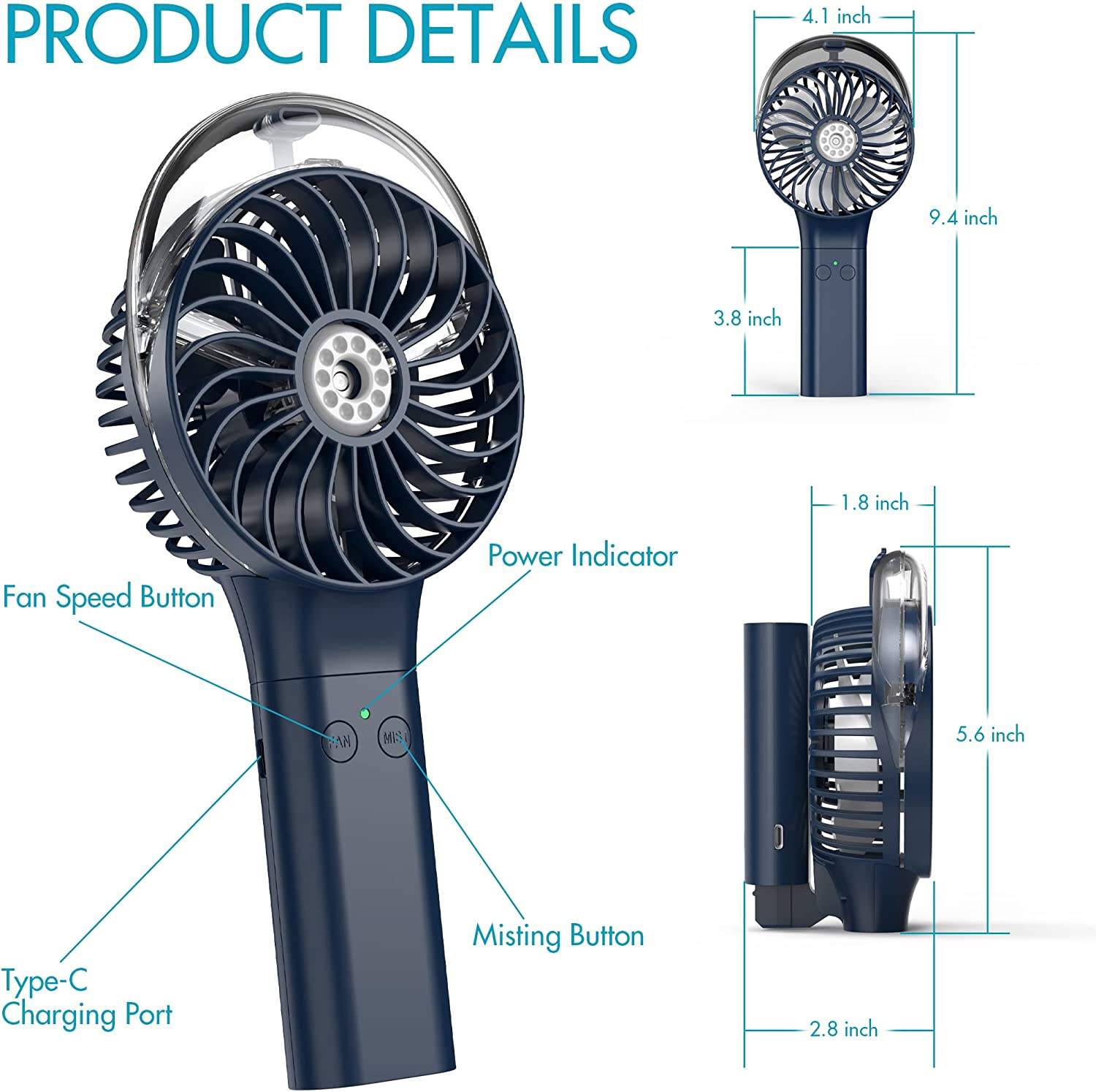 Portable Mini Misting Fan – 3000mAh Rechargeable USB Handheld Cooling Fan with Water Spray