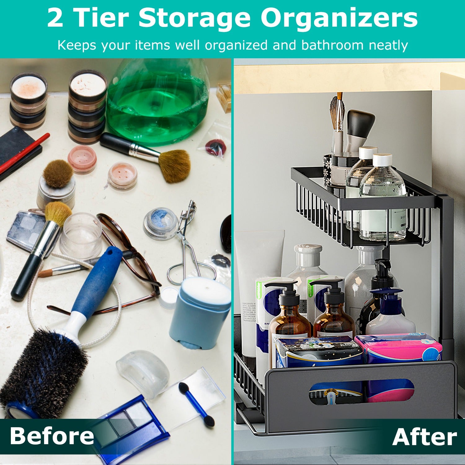 2-Tier Under Sink Organizer – Pull-Out Sliding Basket for Kitchen & Bathroom