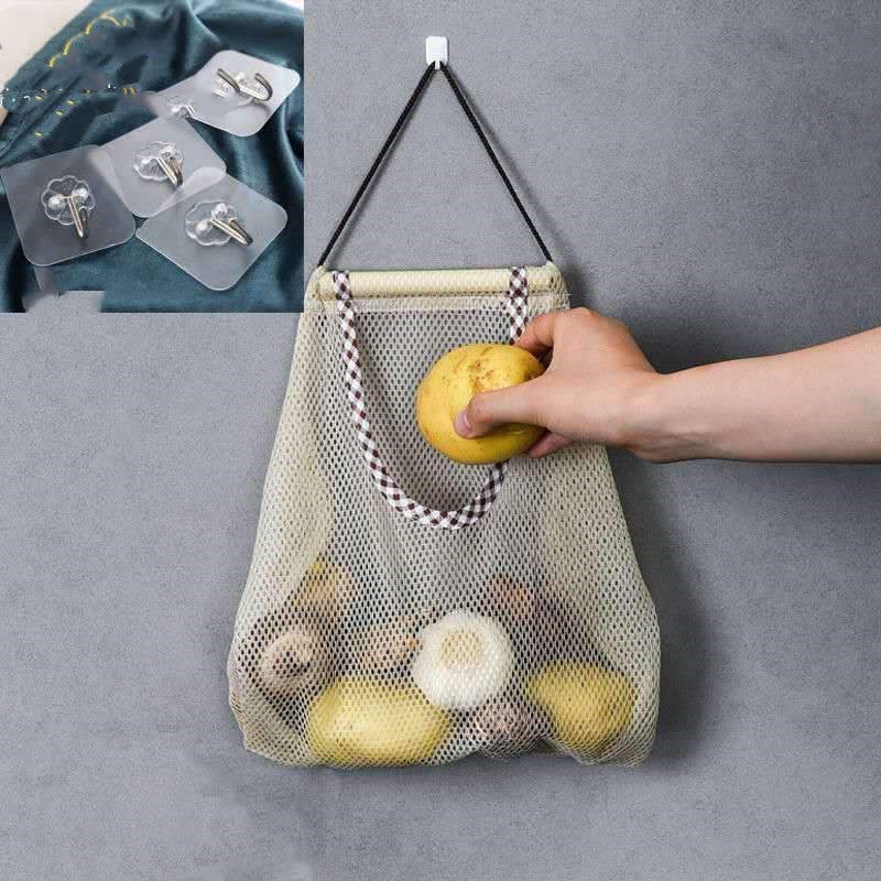 Hanging Vegetable Storage Net Bag Eco-Friendly Reusable Onion Garlic Produce Organizer Kitchen Bag.