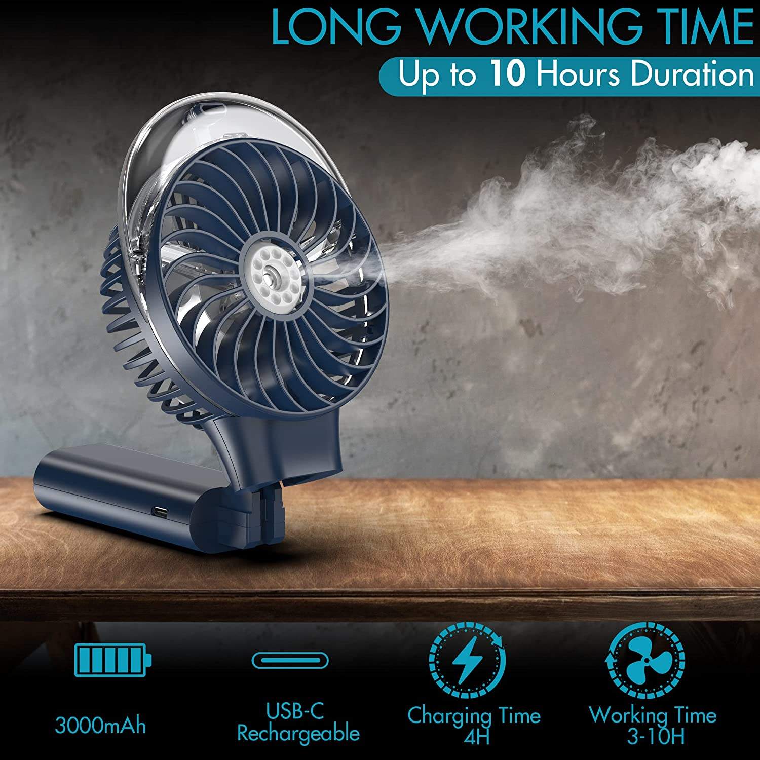 Portable Mini Misting Fan – 3000mAh Rechargeable USB Handheld Cooling Fan with Water Spray